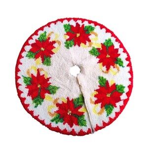 Vintage Poinsettia Christmas Tree Skirt Latch Hook Complete Handcrafted Shag